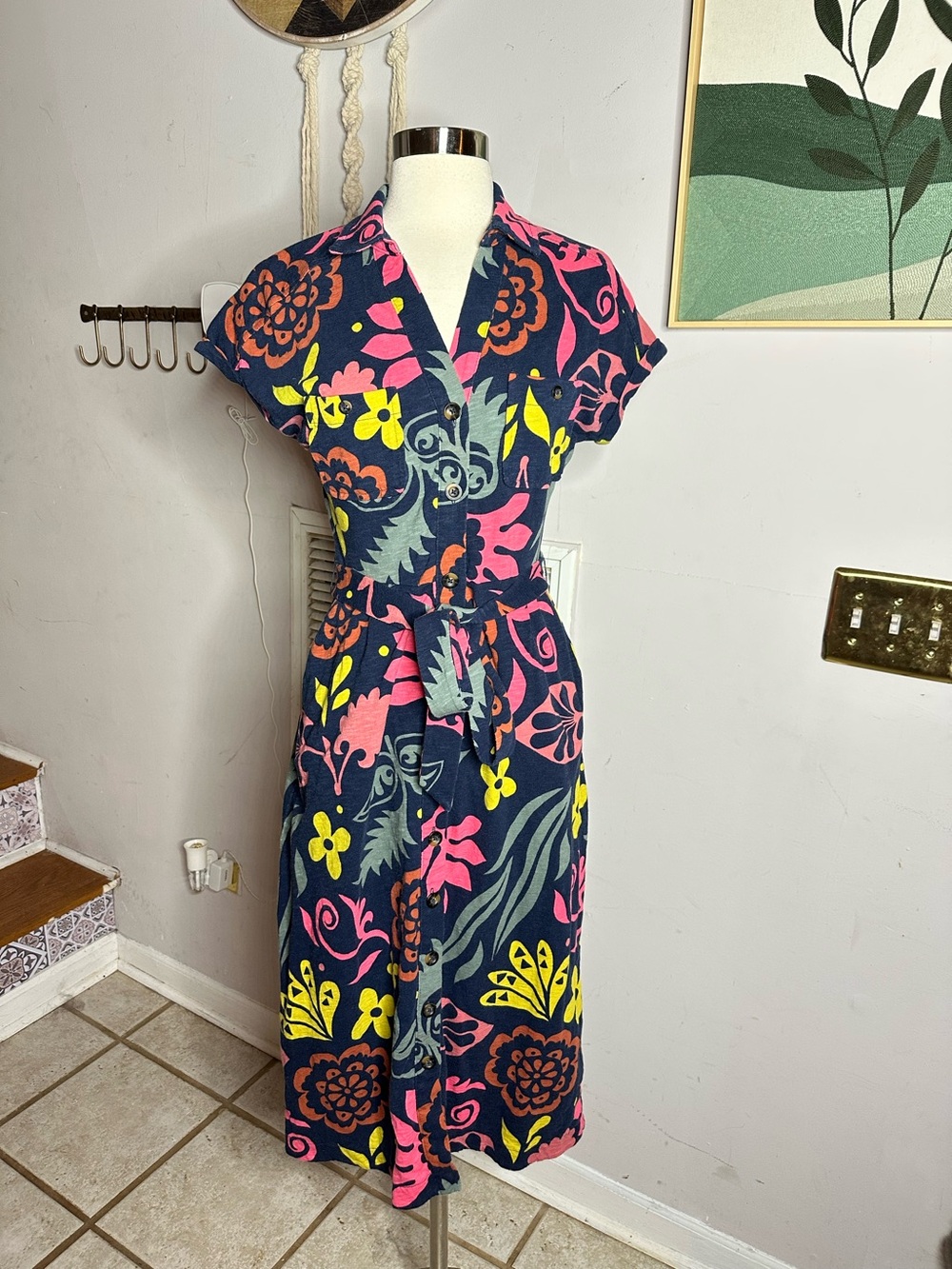 Boden Thomasina Jersey Shirt Dress Navy Pink Floral Belted Midi Cotton J0862